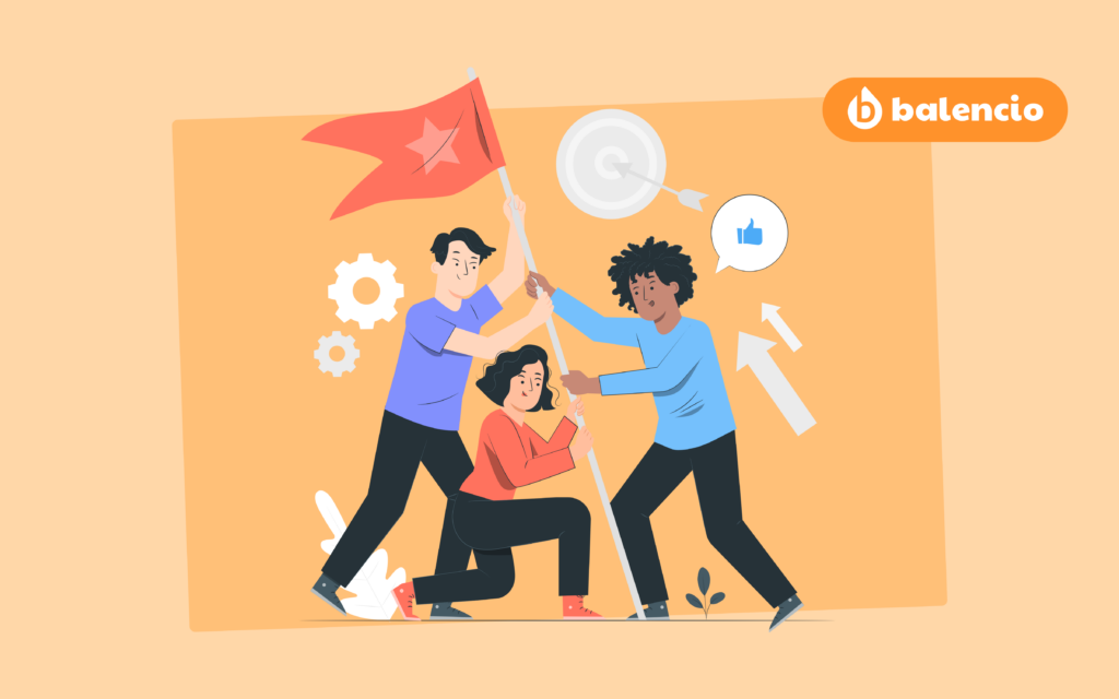 Illustration liée au travail collectif, montrant trois personnages levant un drapeau sur un fond contenant des engrenages, une cible et une icône de validation.